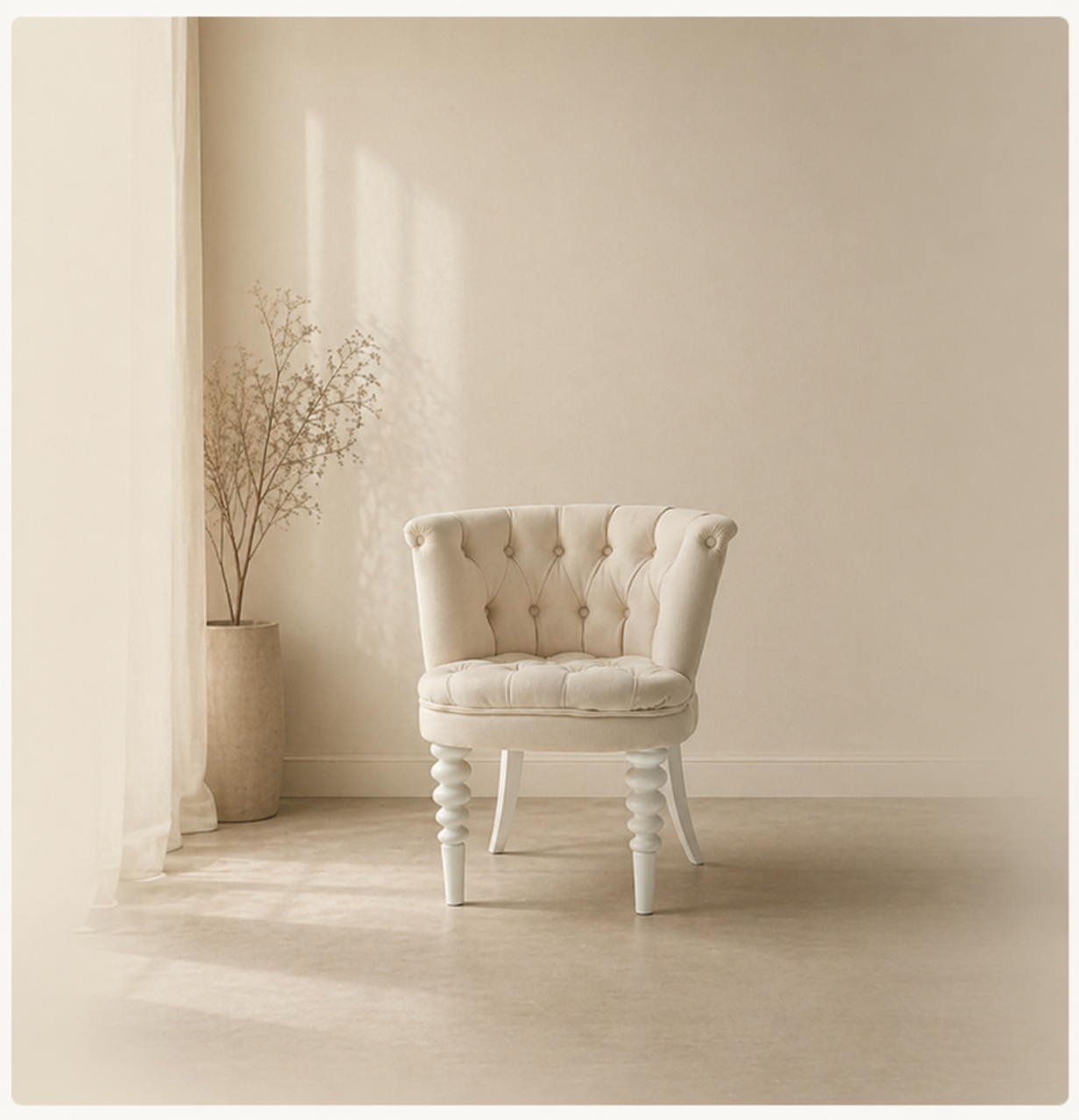 Tufted armchair in a softly lit corner