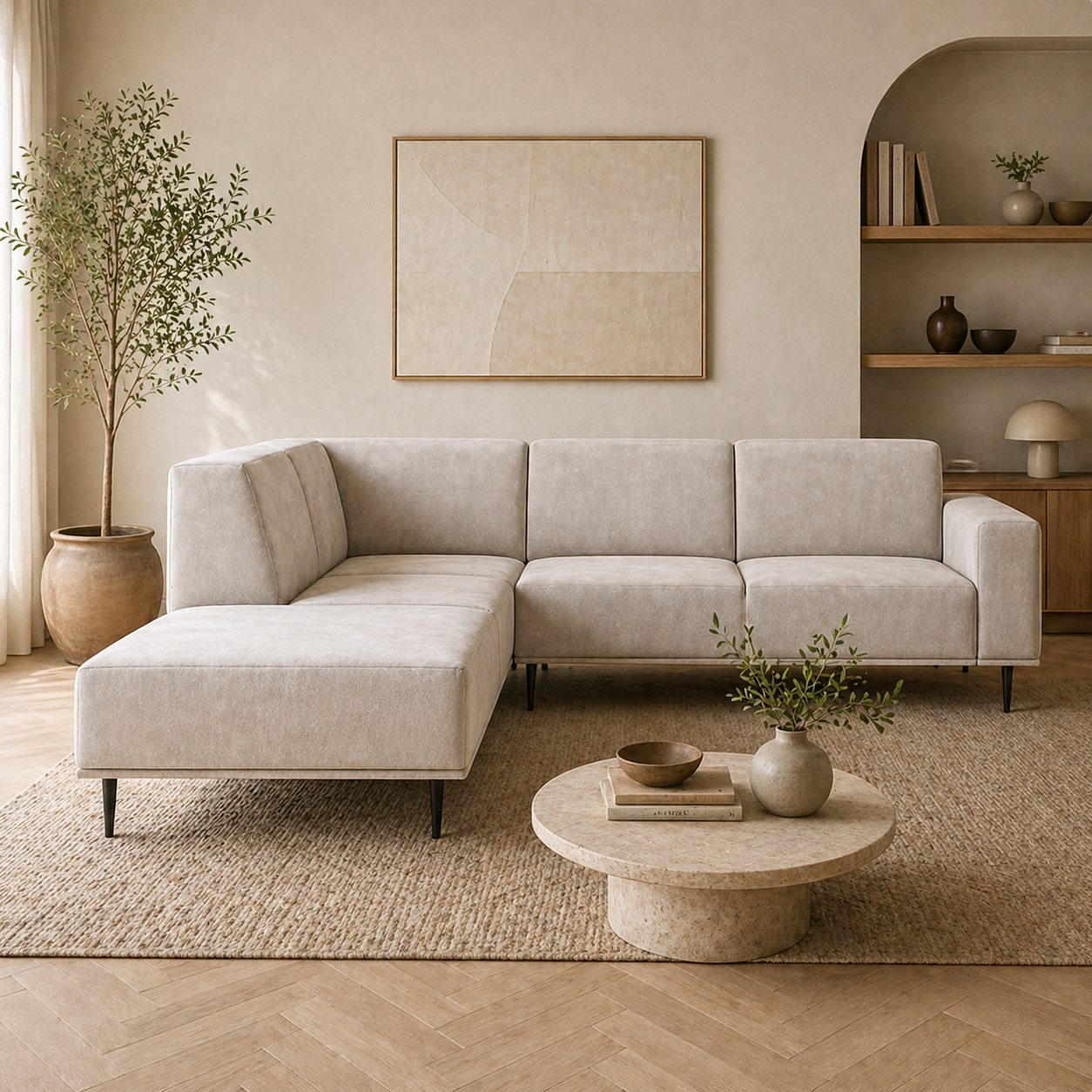 Corner sofa in a sunlit modern living room
